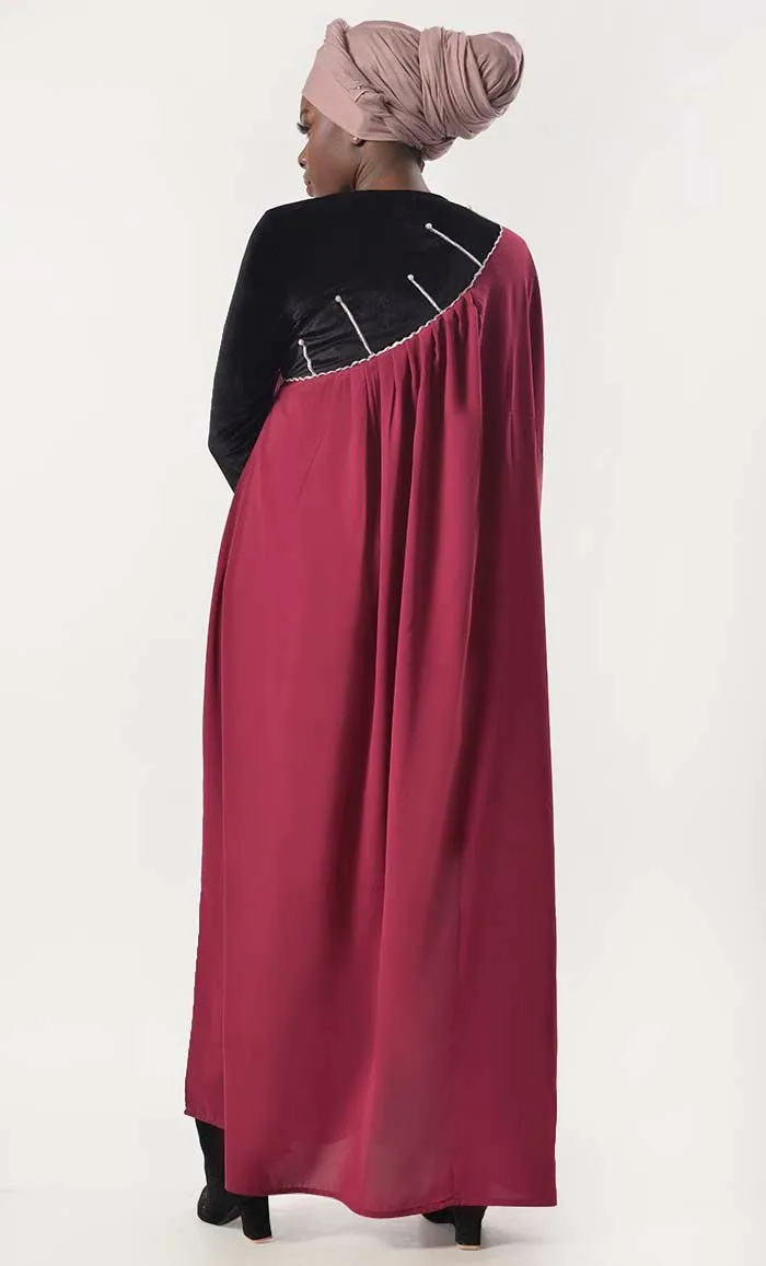 Beautiful Black And Maroon Contrasted Asymmetrical Abaya & Kaftan