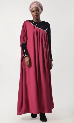 Beautiful Black And Maroon Contrasted Asymmetrical Abaya & Kaftan