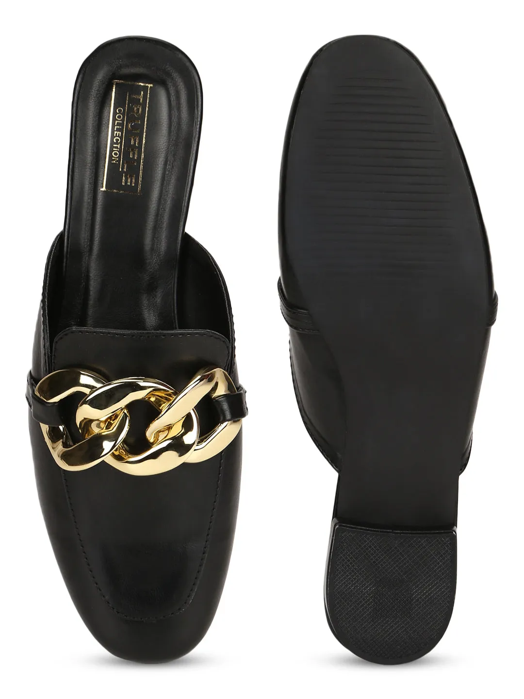 Black PU Kitten Heel Loafers With Chunky Chain Details (TC-SLC-C-5-BLK)