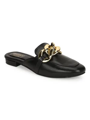 Black PU Kitten Heel Loafers With Chunky Chain Details (TC-SLC-C-5-BLK)