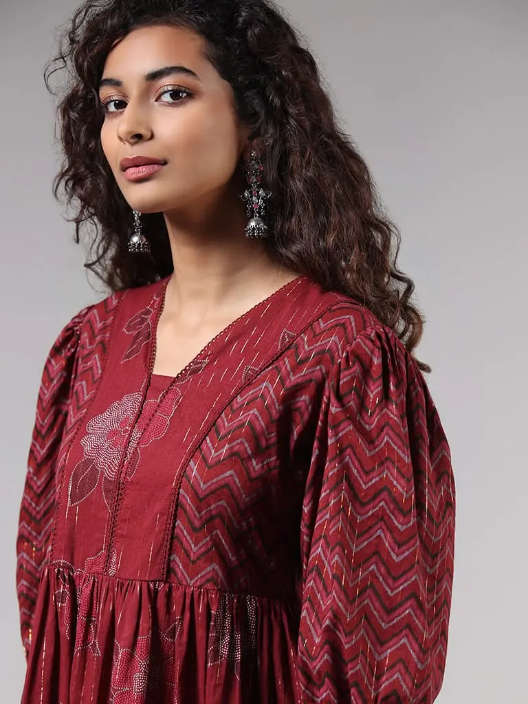 Bombay Paisley Maroon Floral Printed Cotton Blend Tiered Dress