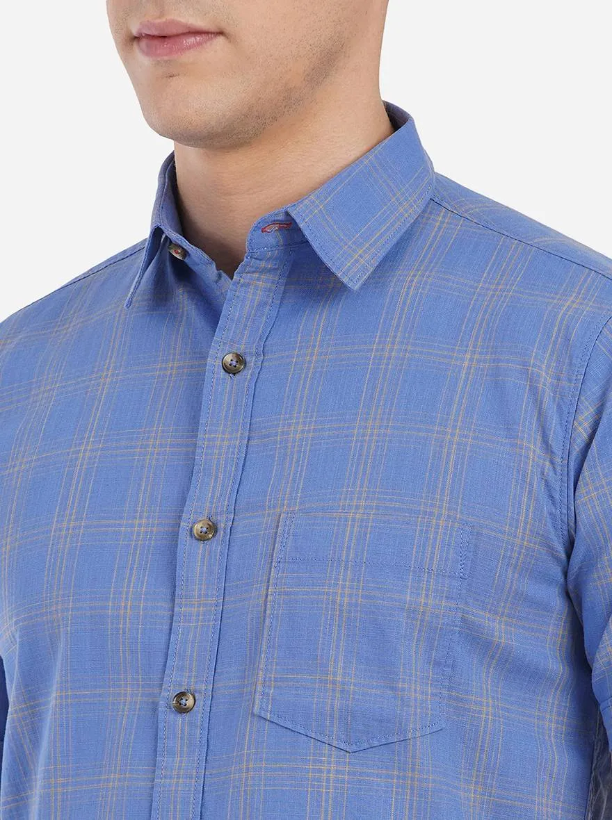 Brilliant Blue Checked Slim Fit Semi Casual Shirt | JadeBlue