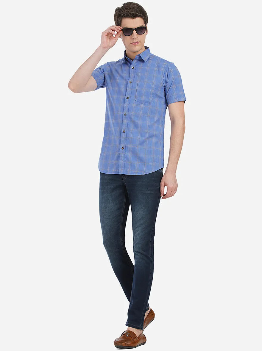 Brilliant Blue Checked Slim Fit Semi Casual Shirt | JadeBlue