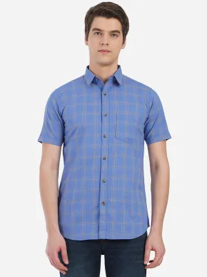 Brilliant Blue Checked Slim Fit Semi Casual Shirt | JadeBlue