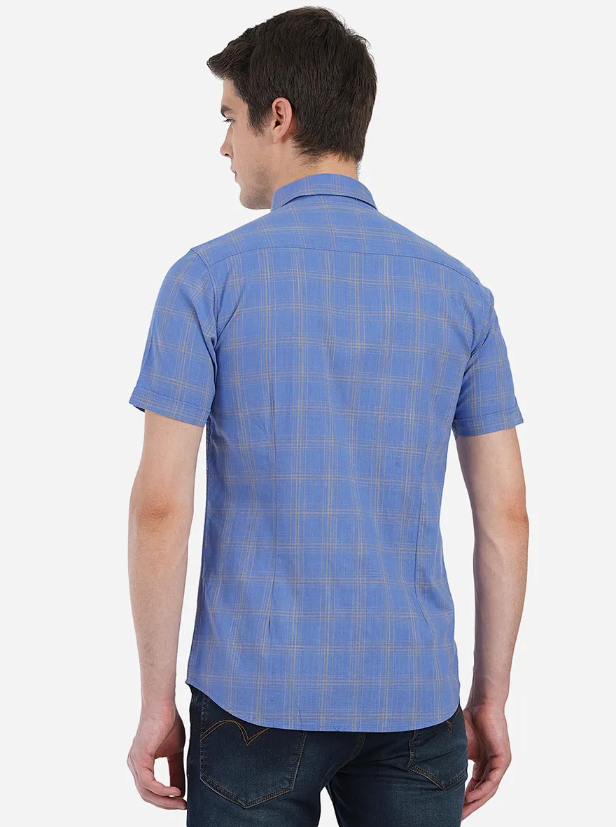 Brilliant Blue Checked Slim Fit Semi Casual Shirt | JadeBlue