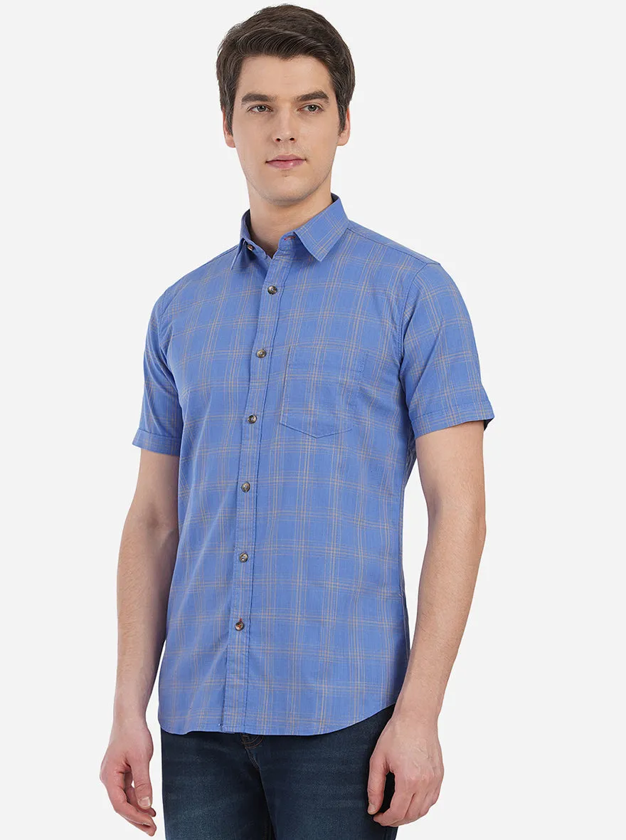 Brilliant Blue Checked Slim Fit Semi Casual Shirt | JadeBlue