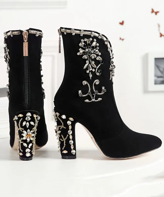 Classy Black Zircon Zippered Suede High Heel Boots RT1085