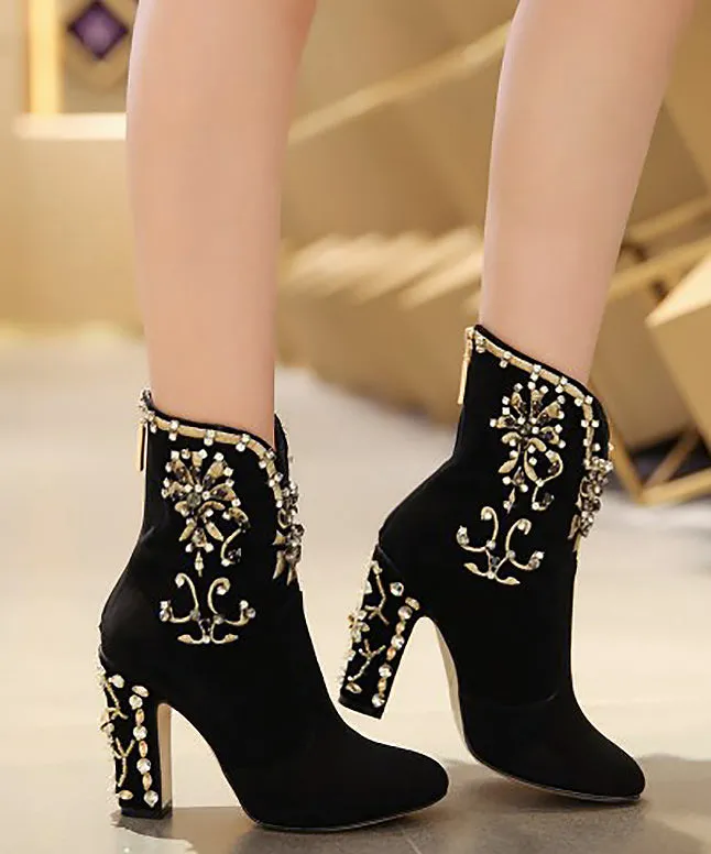 Classy Black Zircon Zippered Suede High Heel Boots RT1085