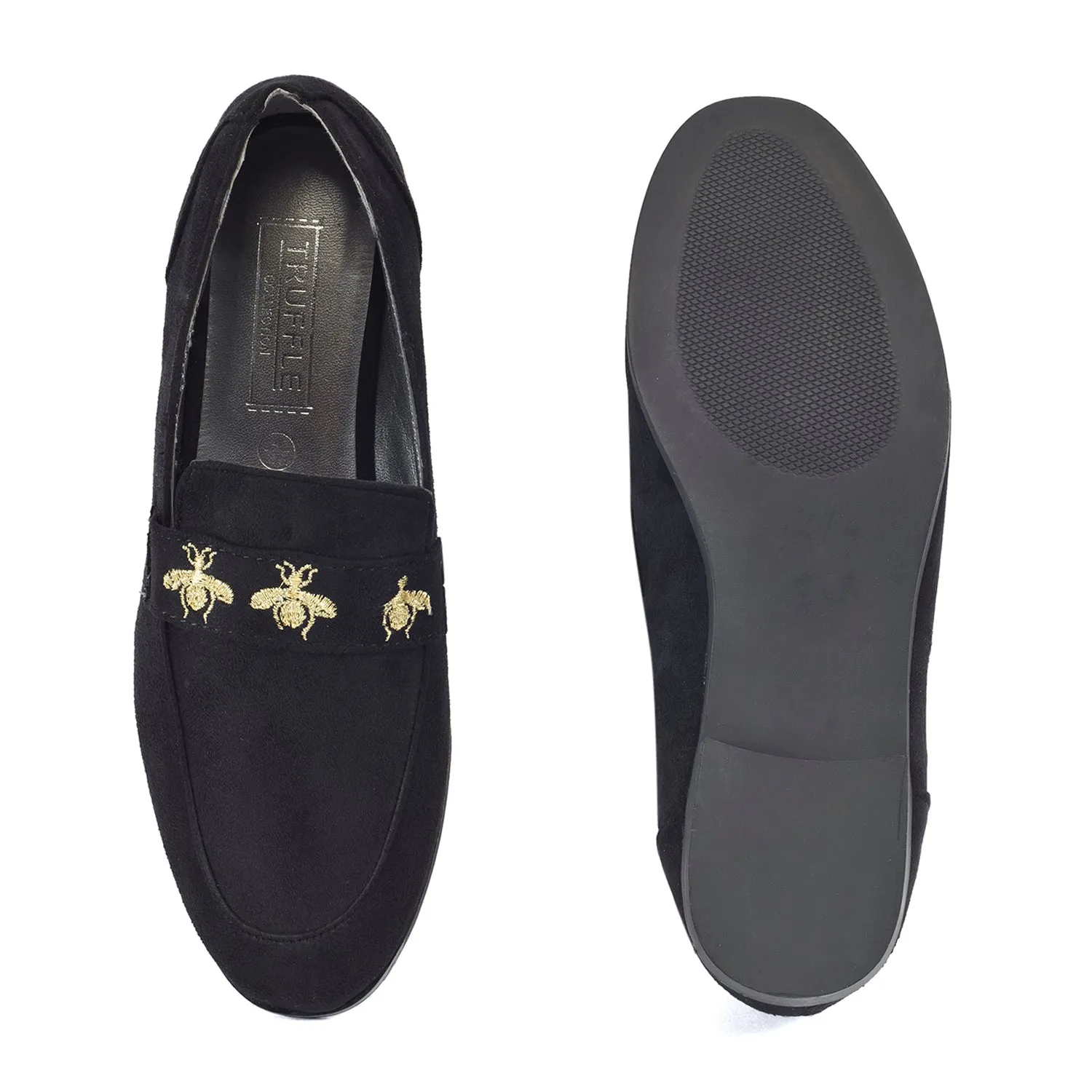 Faux Suede Bee Detail Flat Slip On Loafers