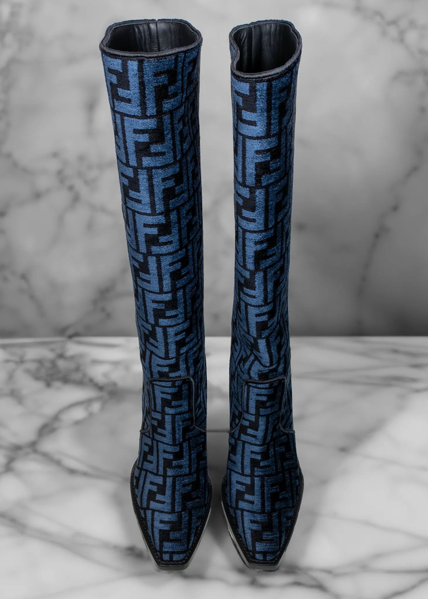 Fendi Blue and Black Jacquard Chenille Knee Length Boots