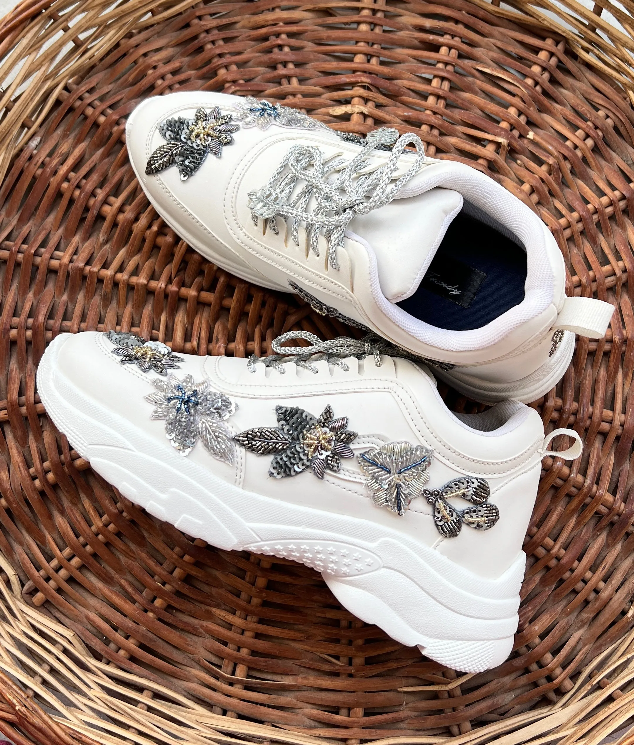 Funky N Trendy embroidery work bridal sneakers/ bridesmaid sneaker / silver sneakers/ silver shoes / blue sneakers / grey sneakers / handwork sneakers / handcrafted embroidered shoes