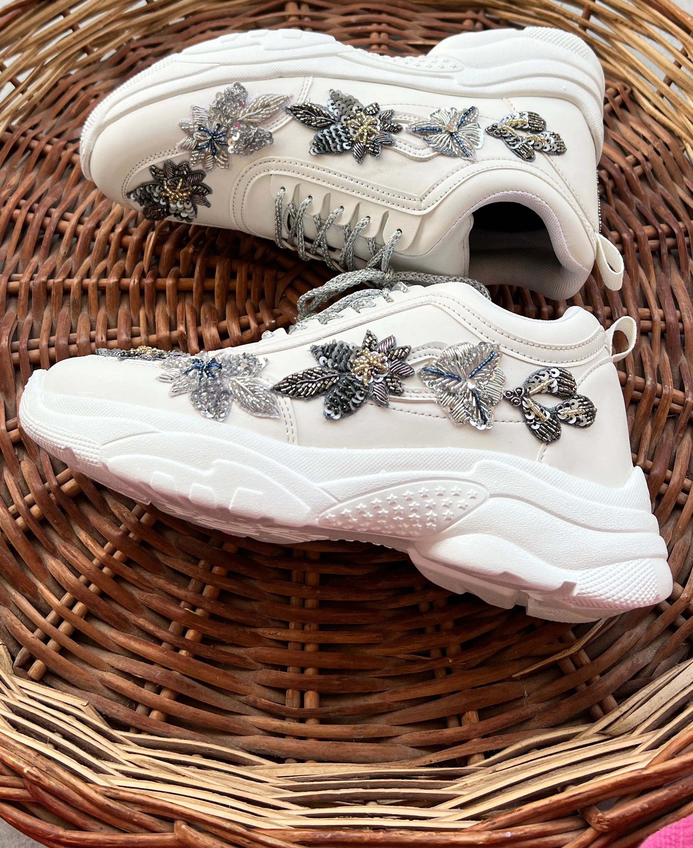 Funky N Trendy embroidery work bridal sneakers/ bridesmaid sneaker / silver sneakers/ silver shoes / blue sneakers / grey sneakers / handwork sneakers / handcrafted embroidered shoes