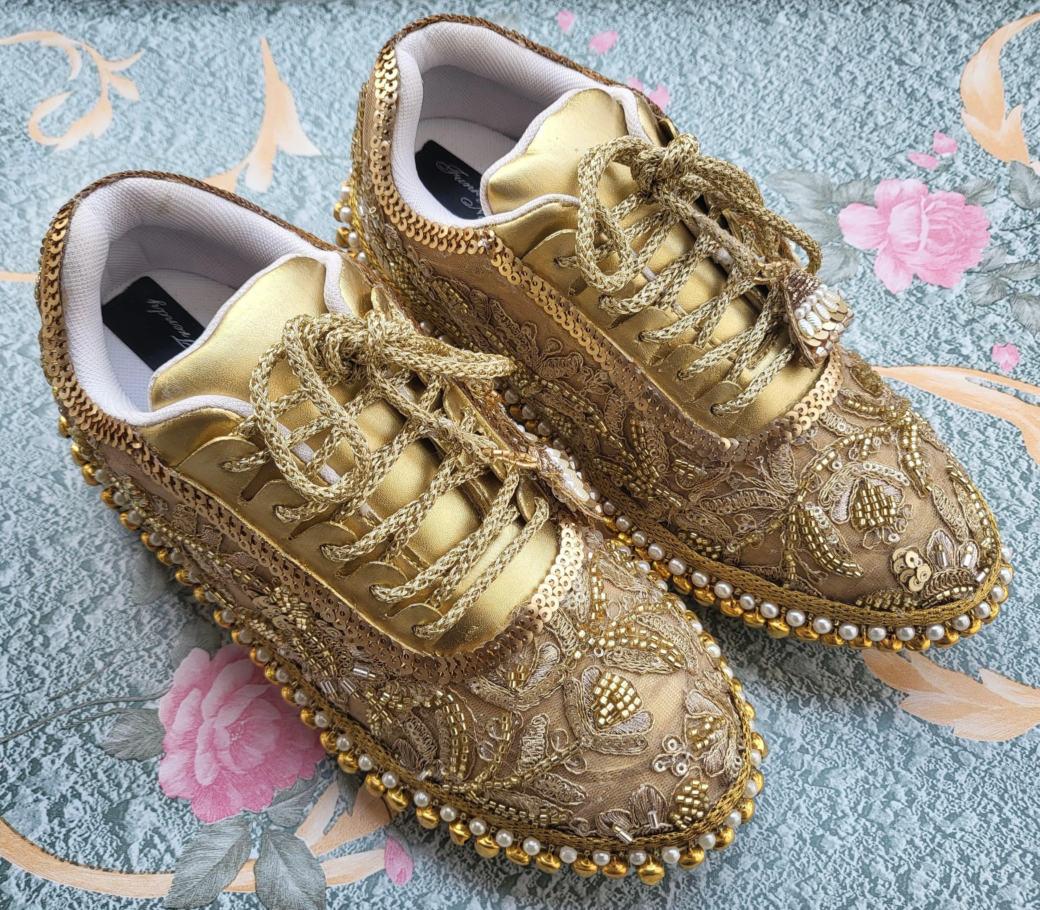 FUNKY N TRENDY golden mirror pearl and sequine work bridal sneakers / bridesmaid sneakers/ gold sneakers / golden sneakers/ cutdana work sneakers /ghungaroo shoes