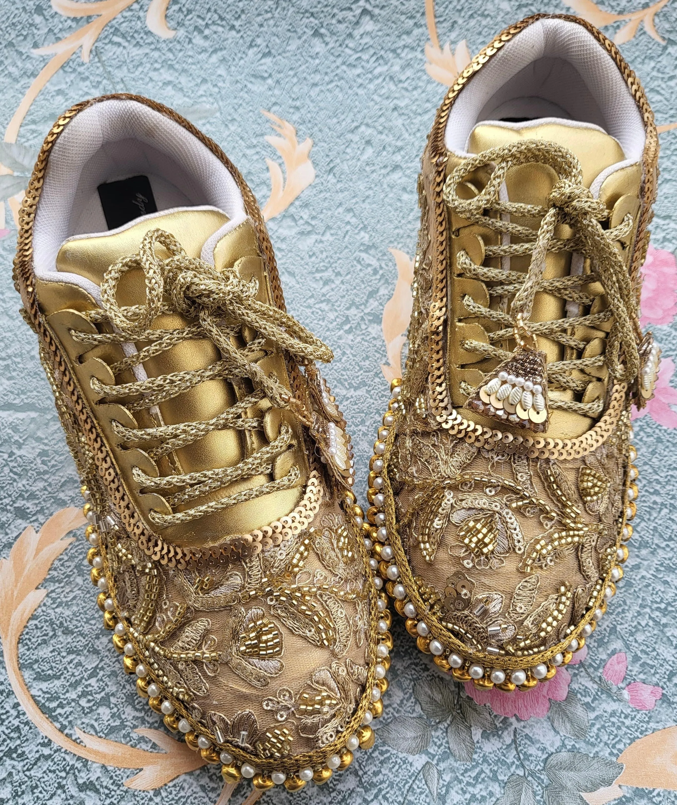 FUNKY N TRENDY golden mirror pearl and sequine work bridal sneakers / bridesmaid sneakers/ gold sneakers / golden sneakers/ cutdana work sneakers /ghungaroo shoes