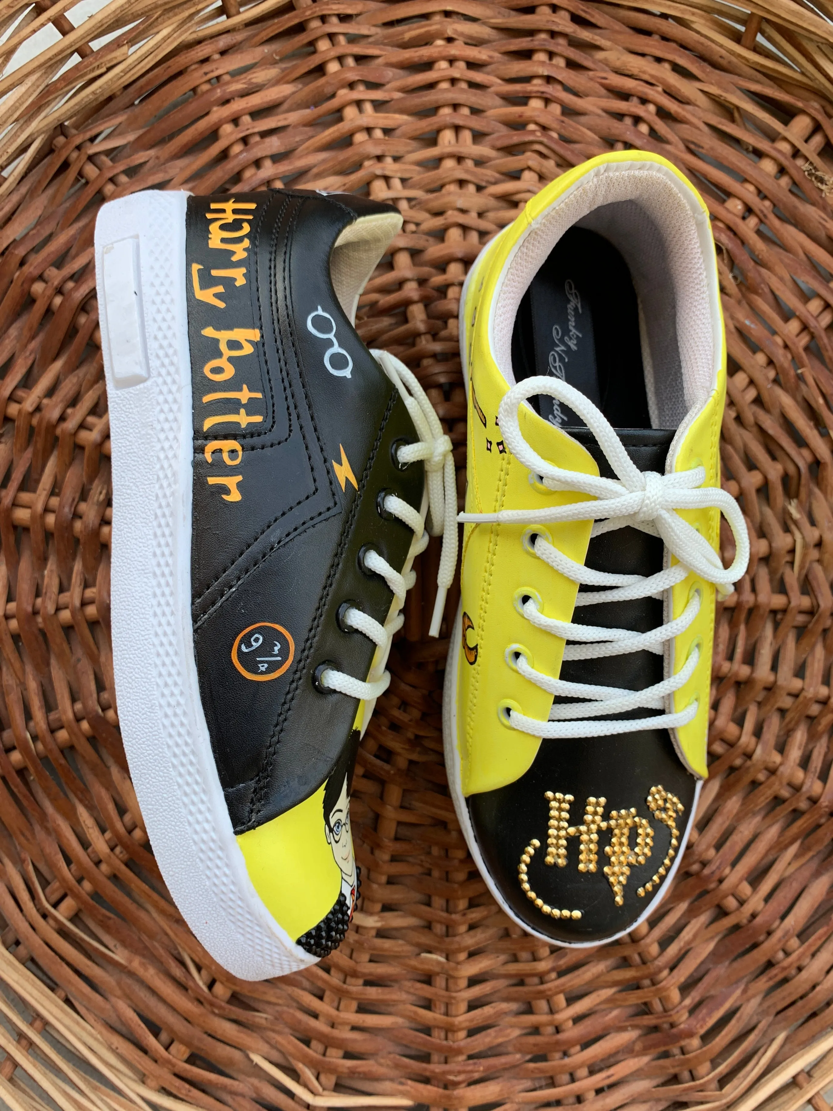 Funky N Trendy hand painted water resistant Harry Potter theme black sneakers / rhinestone shoes / black shoes / yellow shoes