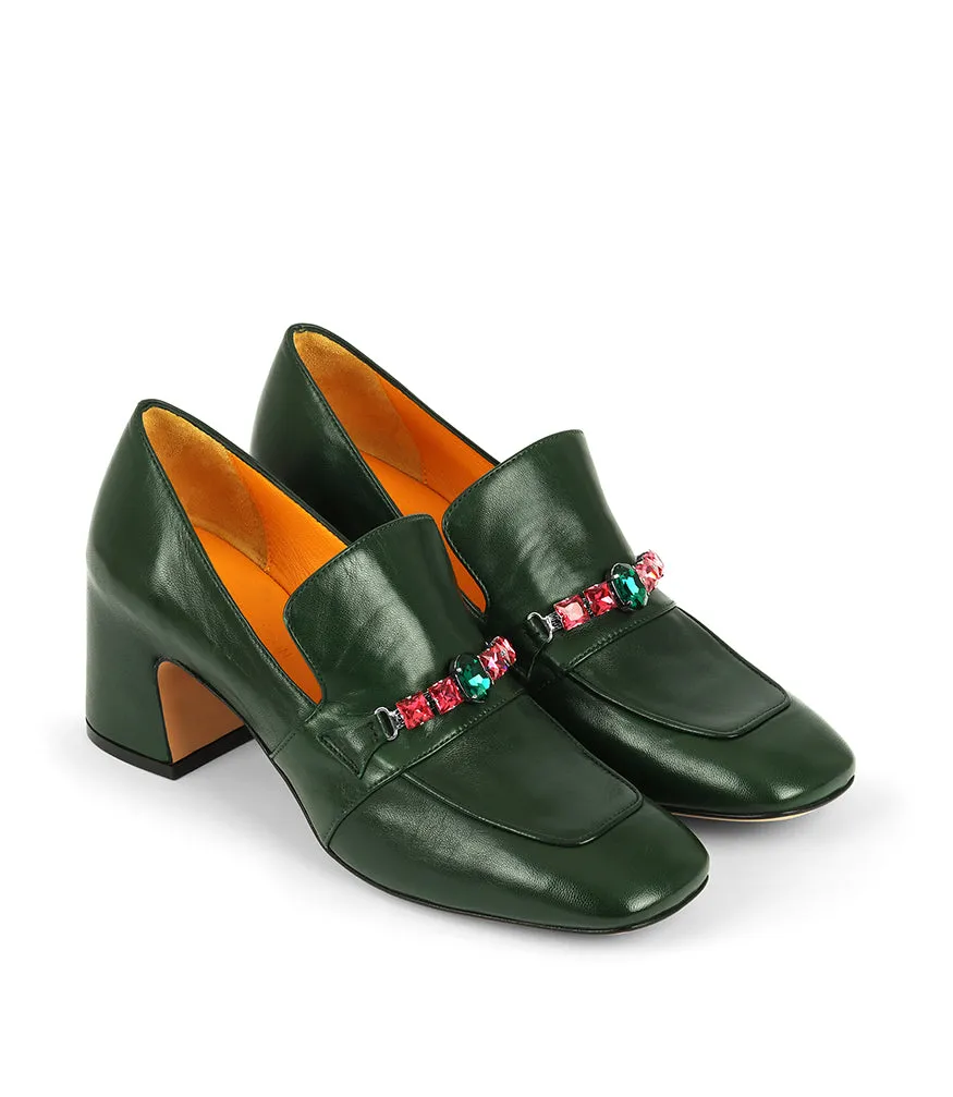 Green Leather Mid Heel Jeweled Loafer