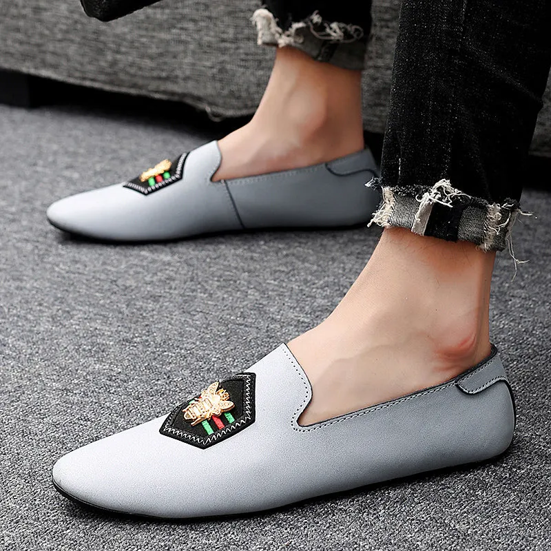 Men's Stylish Loafers Bee Embroidery Leather Shoes For Men | 597