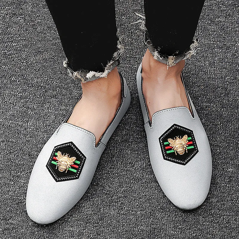 Men's Stylish Loafers Bee Embroidery Leather Shoes For Men | 597