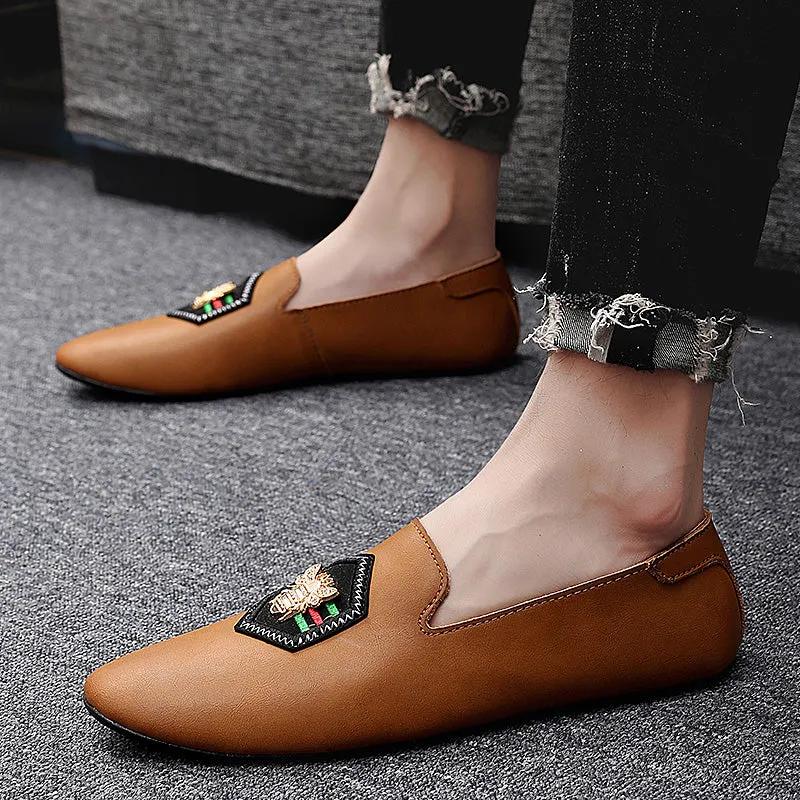 Men's Stylish Loafers Bee Embroidery Leather Shoes For Men | 597