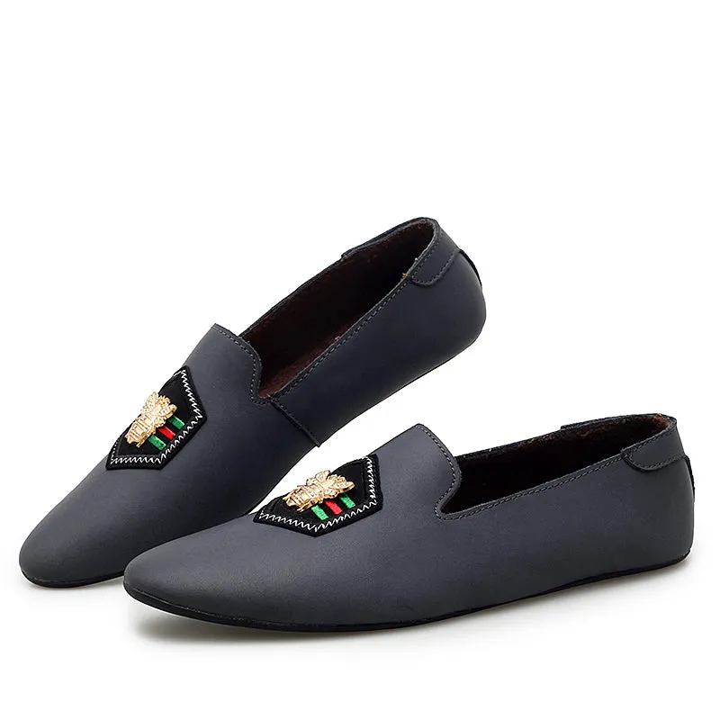 Men's Stylish Loafers Bee Embroidery Leather Shoes For Men | 597