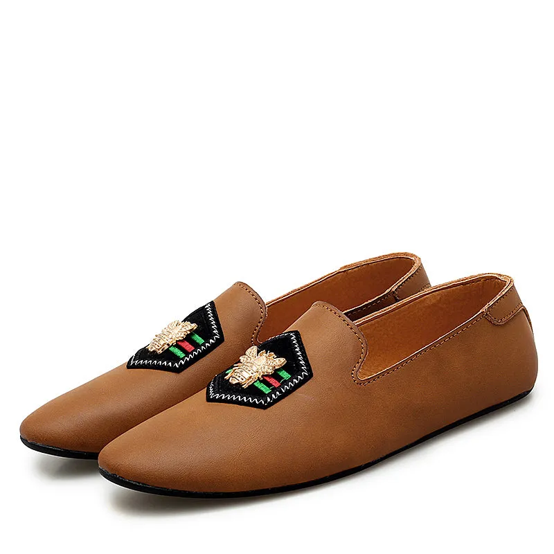 Men's Stylish Loafers Bee Embroidery Leather Shoes For Men | 597