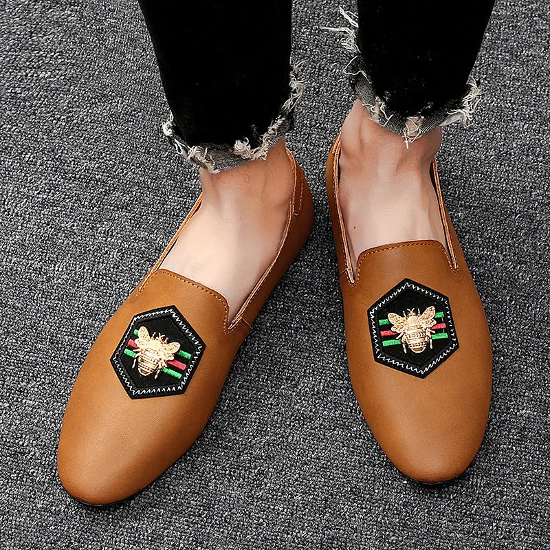 Men's Stylish Loafers Bee Embroidery Leather Shoes For Men | 597