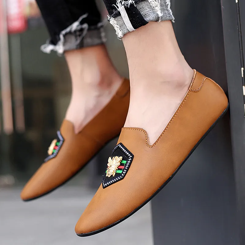 Men's Stylish Loafers Bee Embroidery Leather Shoes For Men | 597