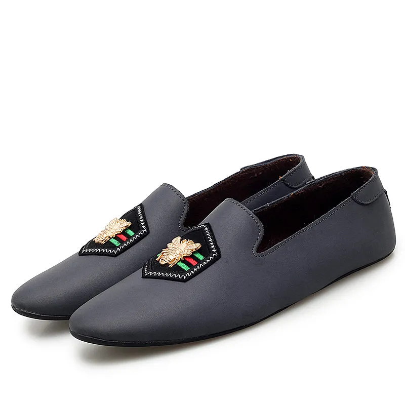 Men's Stylish Loafers Bee Embroidery Leather Shoes For Men | 597