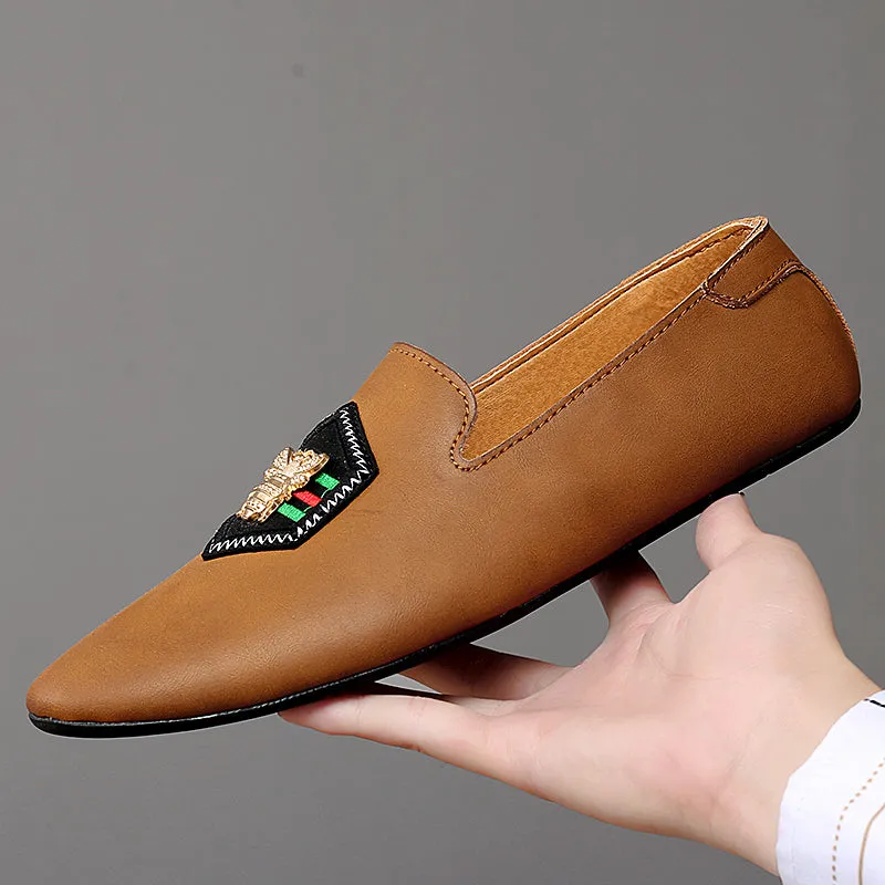 Men's Stylish Loafers Bee Embroidery Leather Shoes For Men | 597