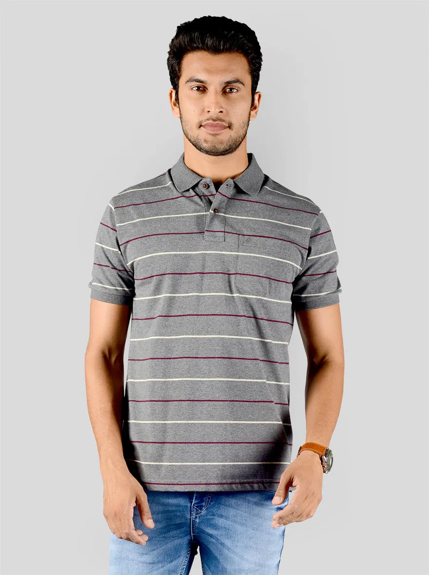 Mist Grey Striped Slim Fit Polo T-shirt | Greenfibre