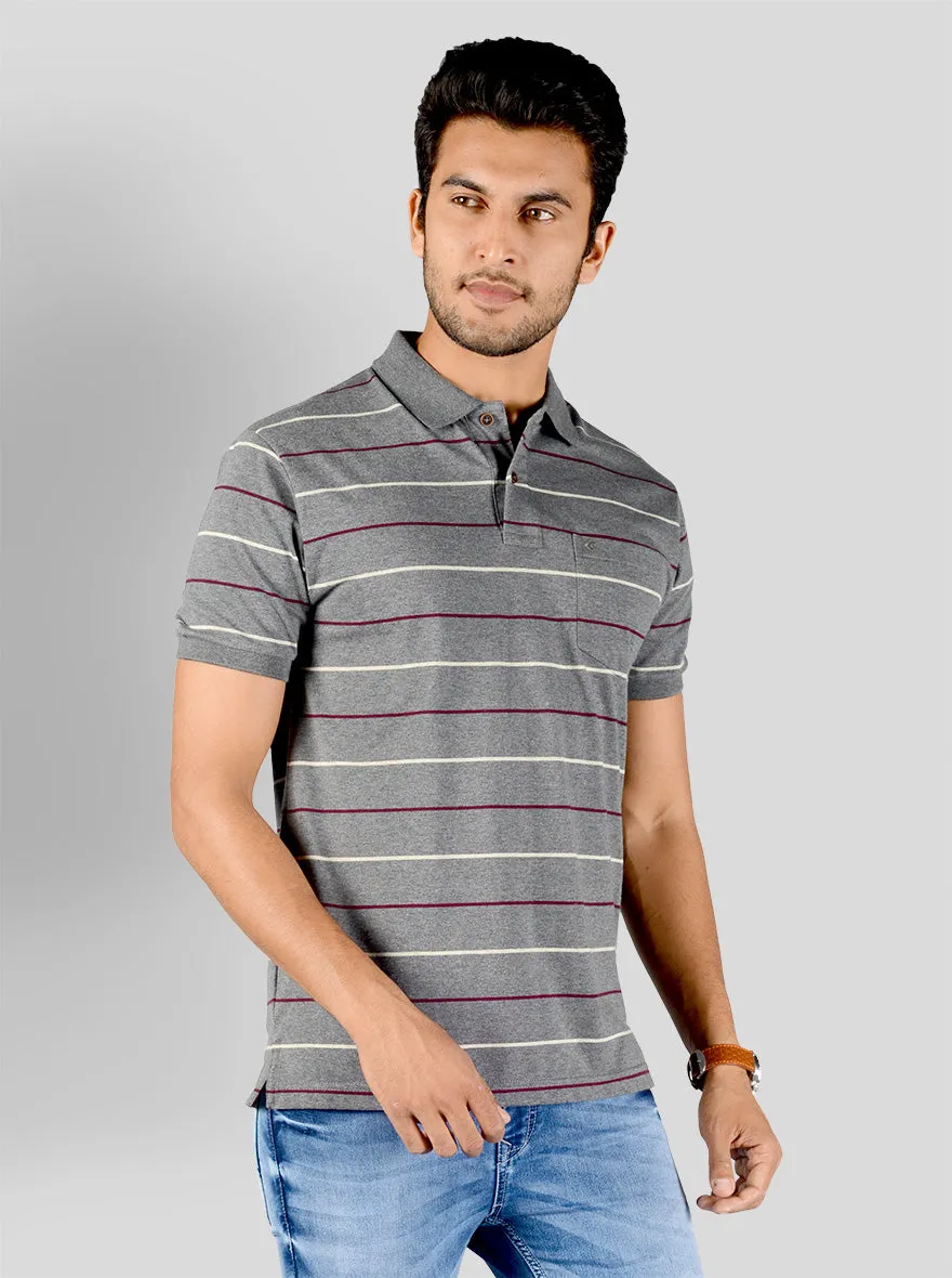 Mist Grey Striped Slim Fit Polo T-shirt | Greenfibre