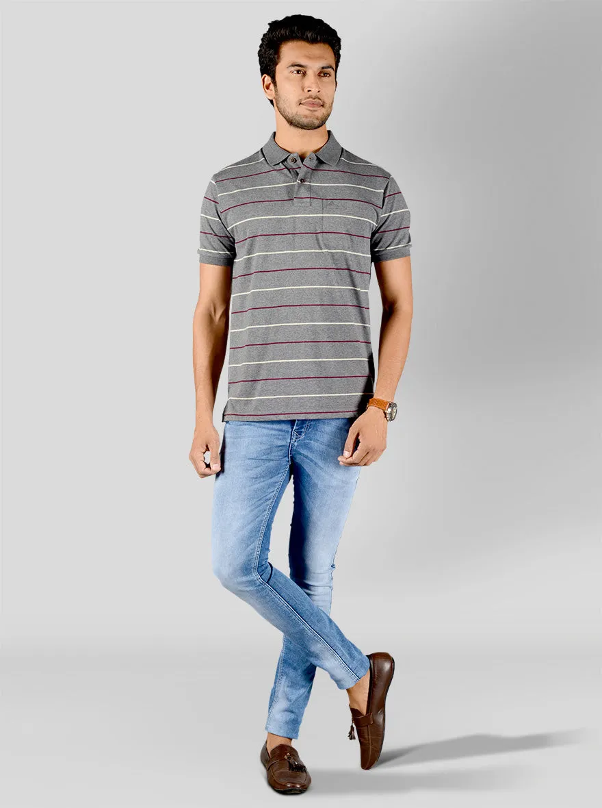 Mist Grey Striped Slim Fit Polo T-shirt | Greenfibre