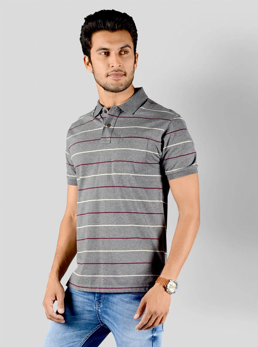 Mist Grey Striped Slim Fit Polo T-shirt | Greenfibre