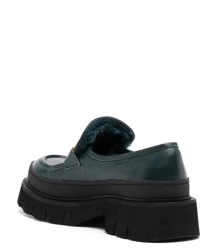 Navy Leather Chunky Loafer With Shearling