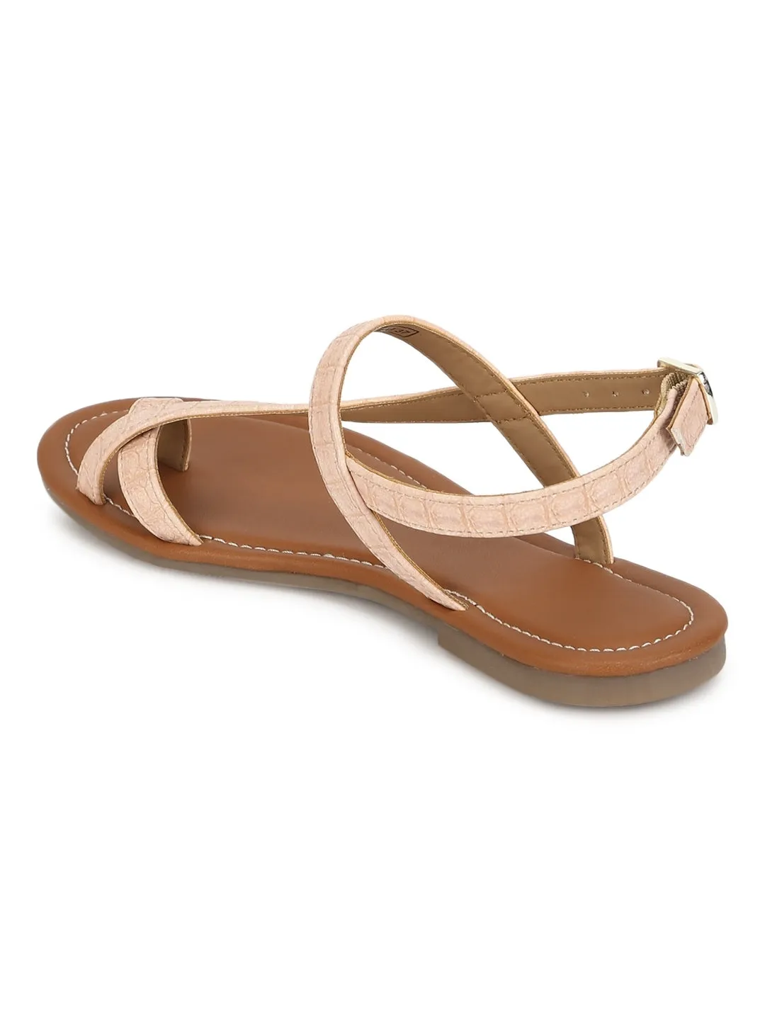 Nude Ankle Strap Croc PU Flat Sandals