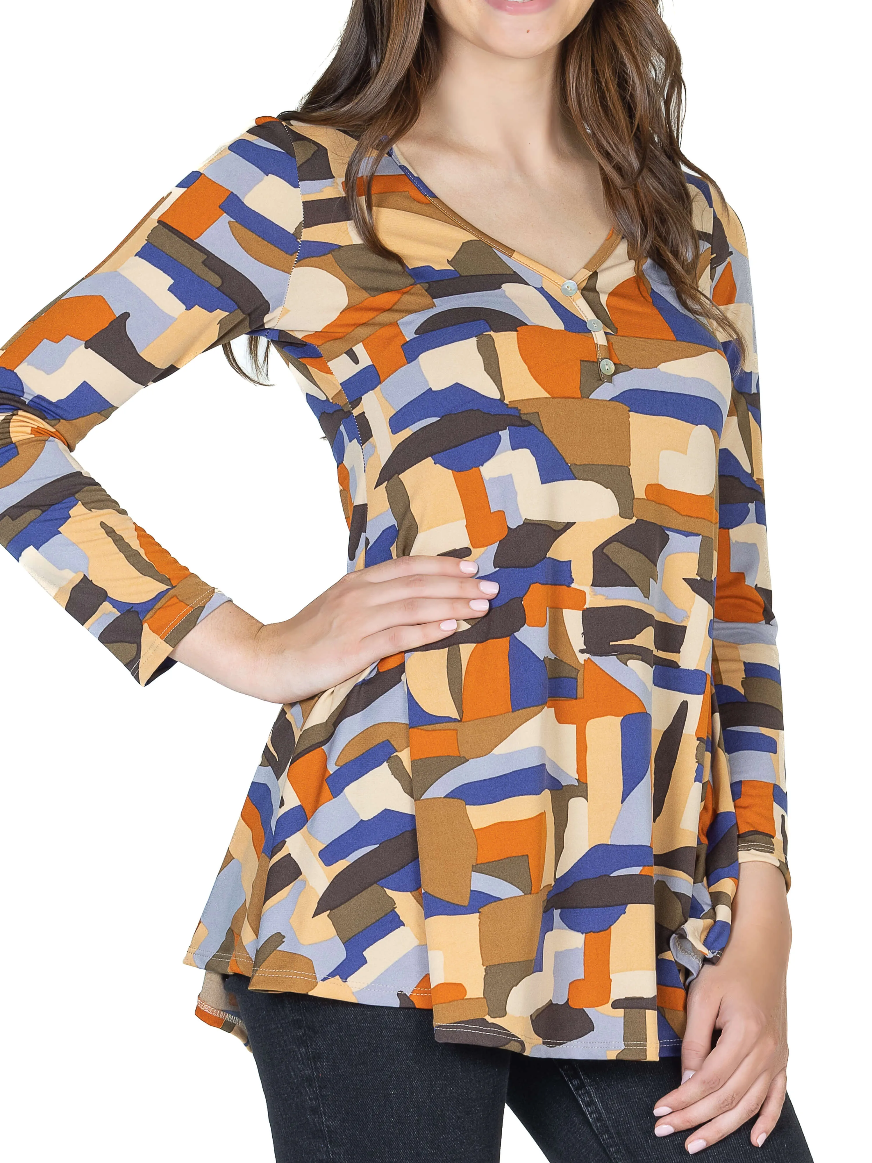 Orange Print Long Sleeve V Neck Tunic Top