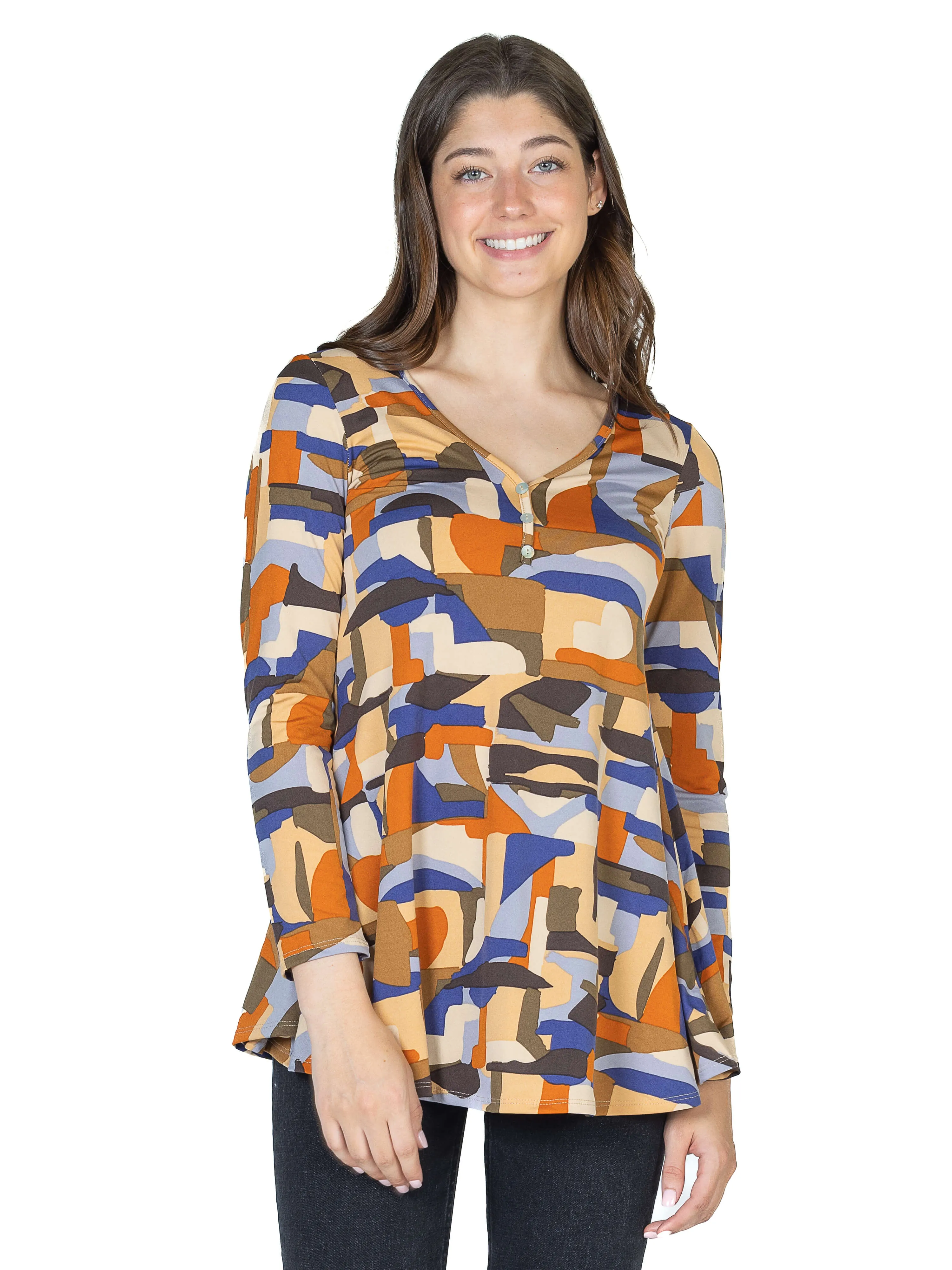 Orange Print Long Sleeve V Neck Tunic Top