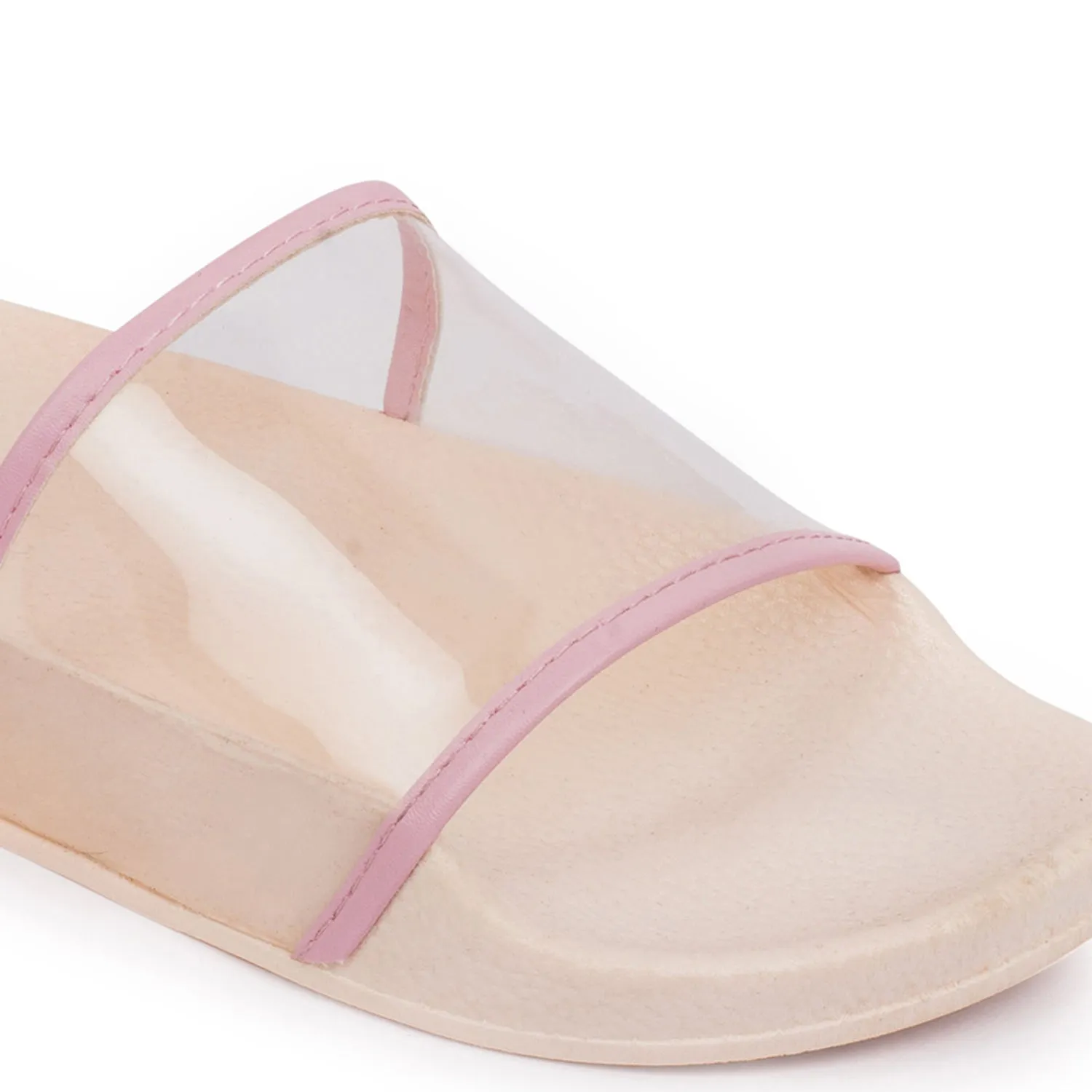 Pink Perspex Strap Flat Sliders