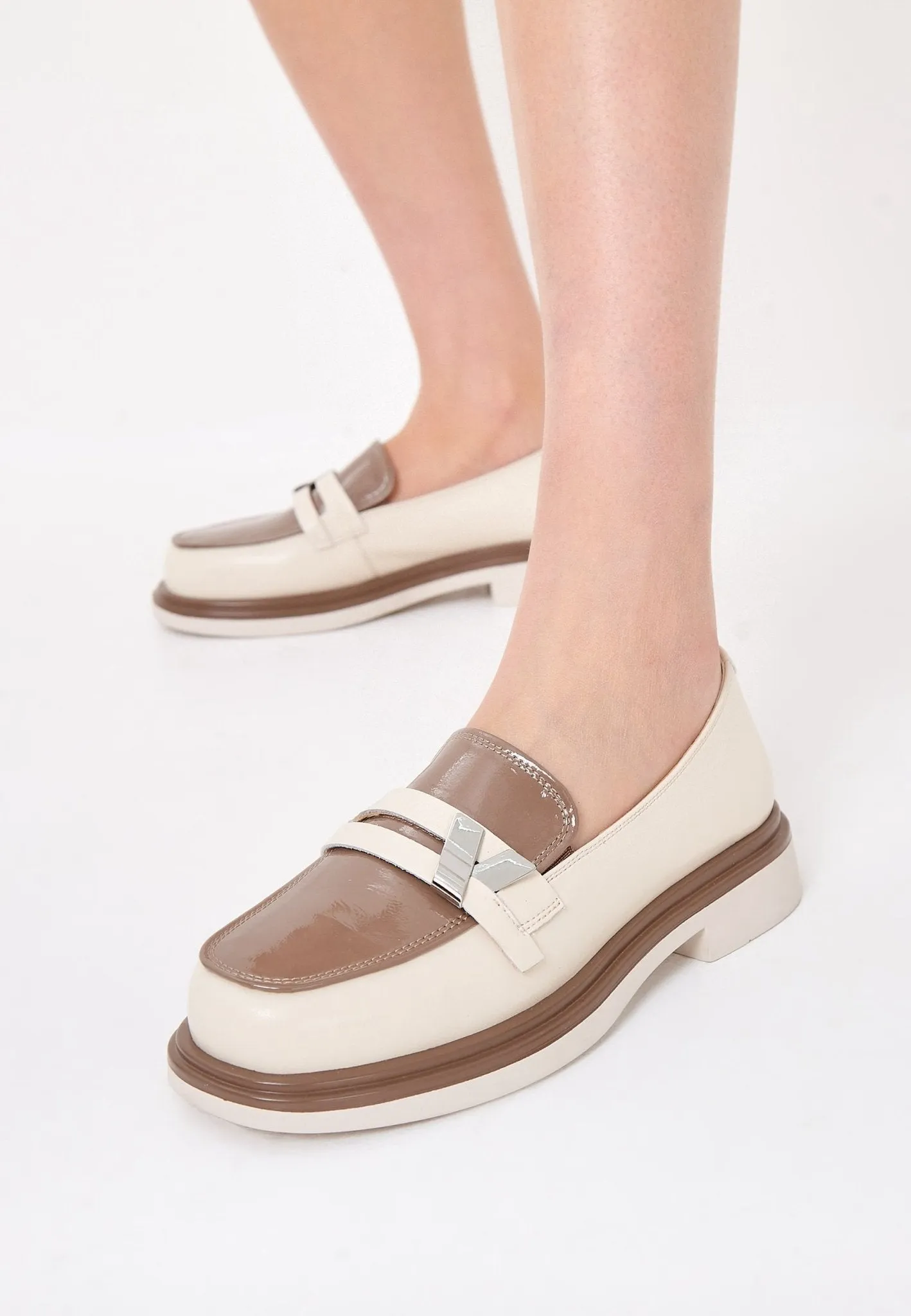 Round Tip Block Heel Loafers - Beige