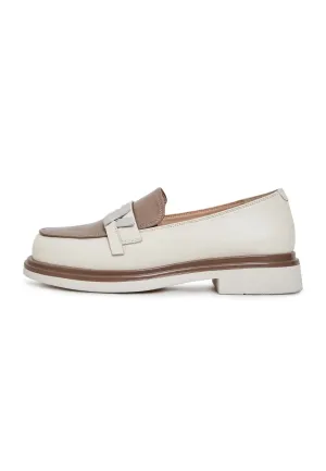 Round Tip Block Heel Loafers - Beige