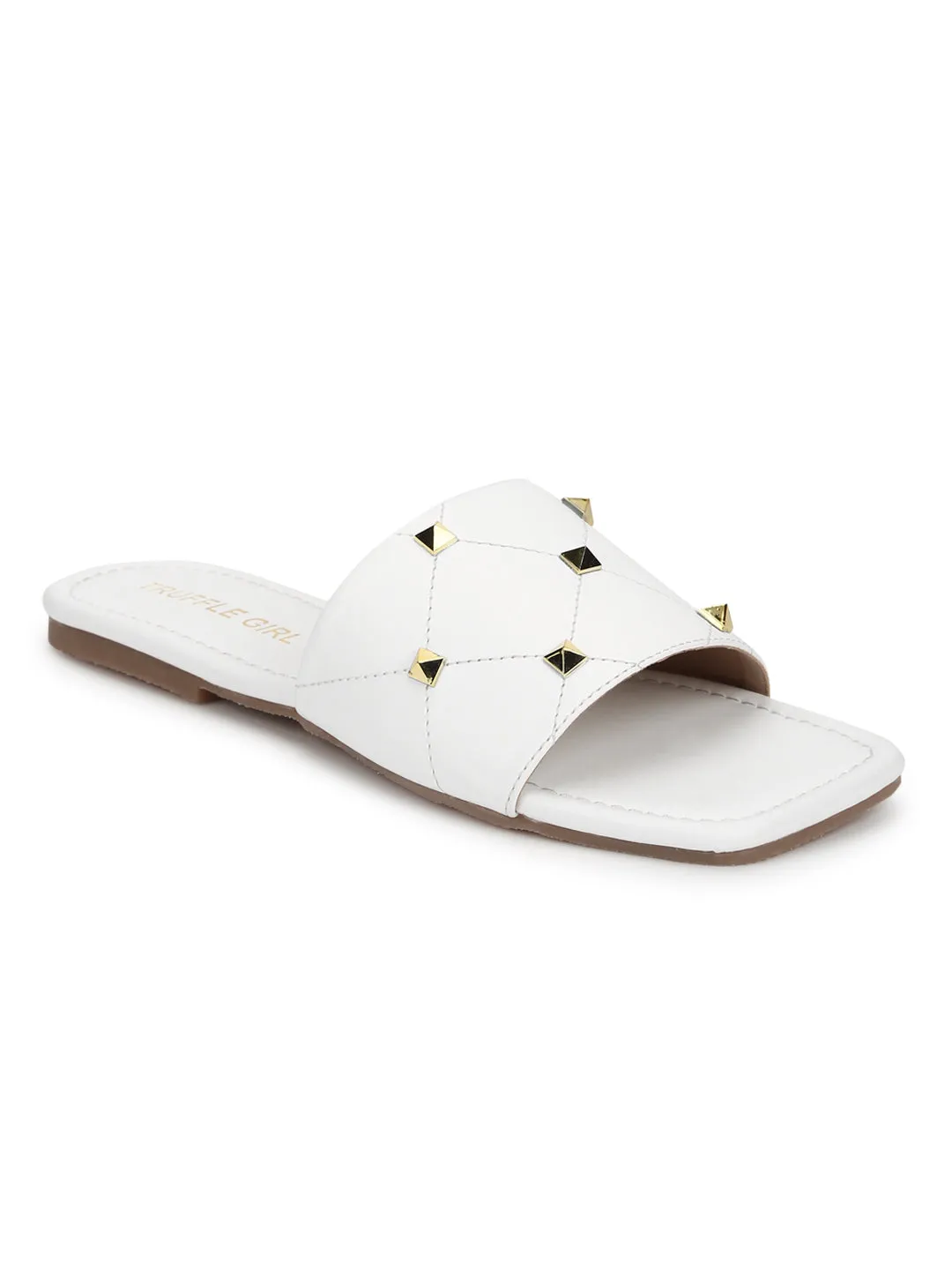 White PU Studded Slides