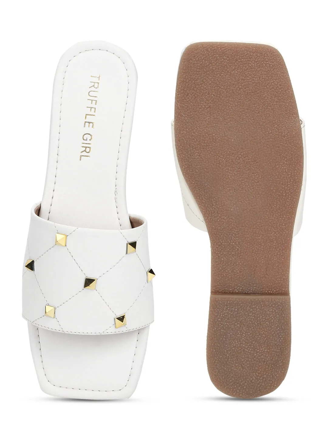 White PU Studded Slides