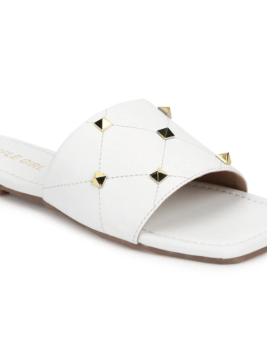 White PU Studded Slides