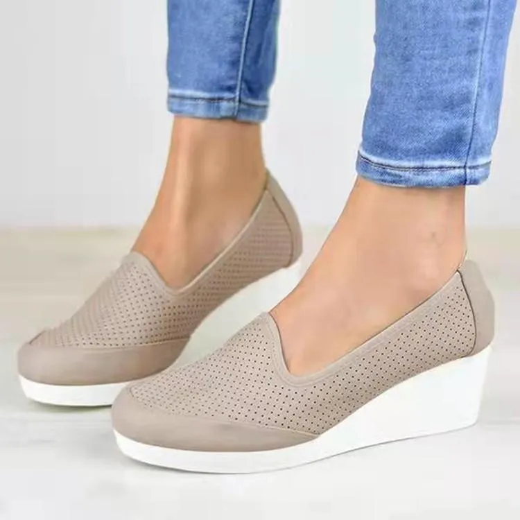 Women fashion casual round toe shallow slip on wedge chunky heel loafers