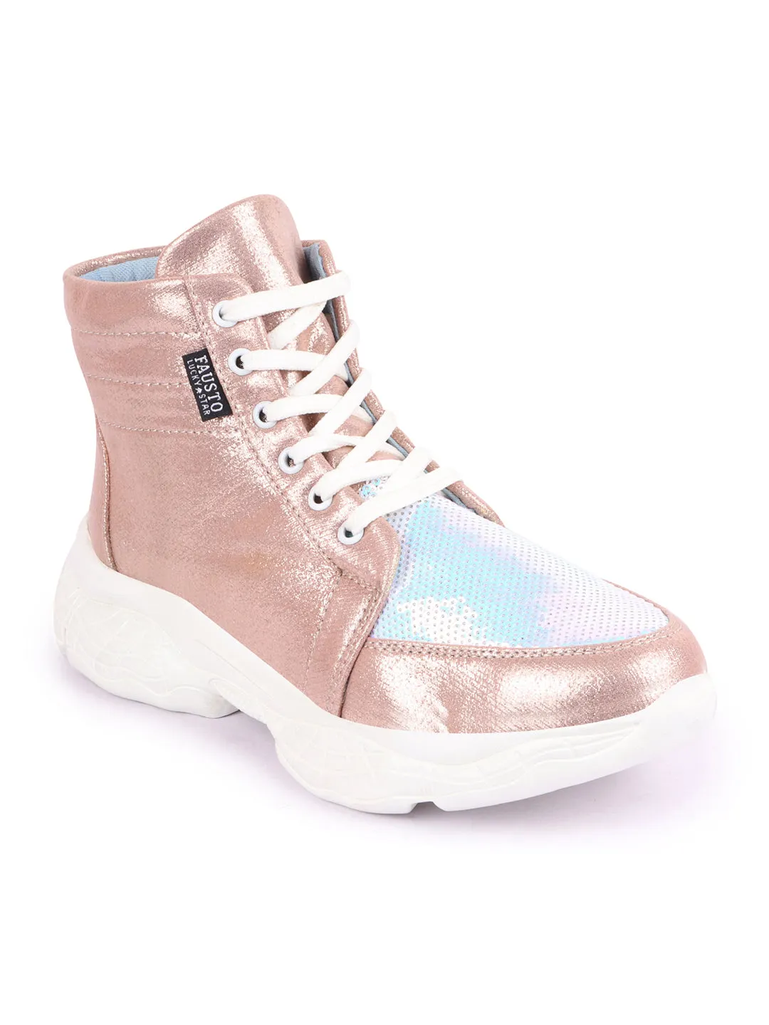 Women Pink High Ankle Lace Up Embellished Sneakers